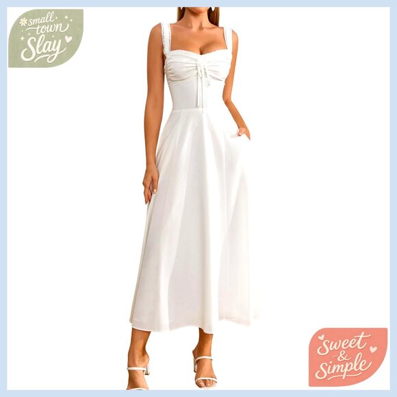 Floral Corset Midi Dress with Pockets Lace Up Back Adjustable Straps